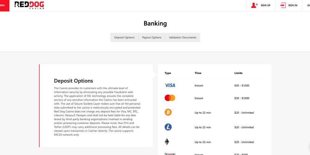 Logos of payment methods accepted at Red Dog Casino, like Visa, Mastercard, and Bitcoin.