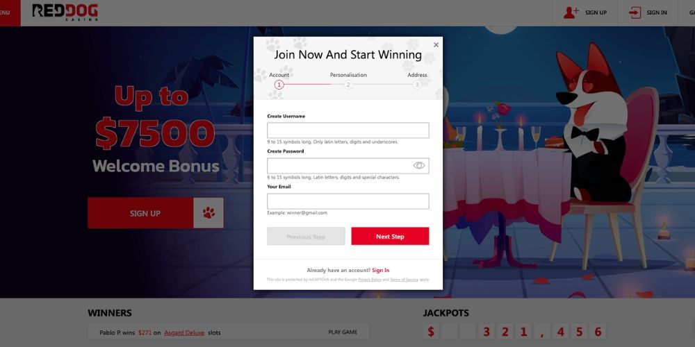 The registration form for creating an account at Red Dog Casino.