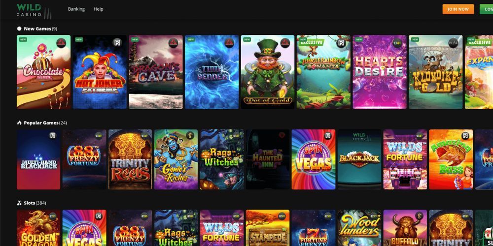 A selection of games at Wild Casino