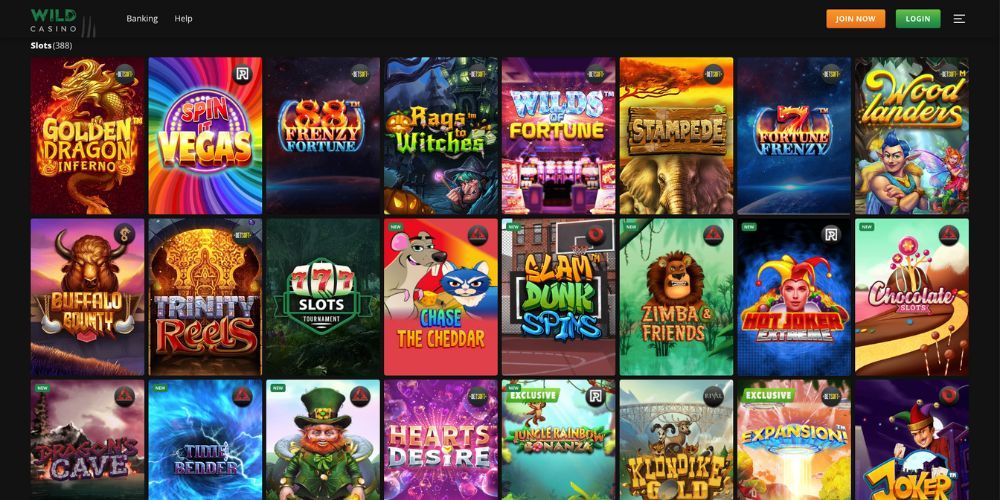 The user interface of Wild Casino showing various slot games.