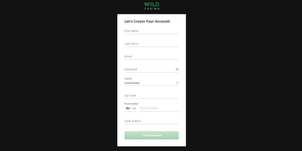 Wild Casino registration form