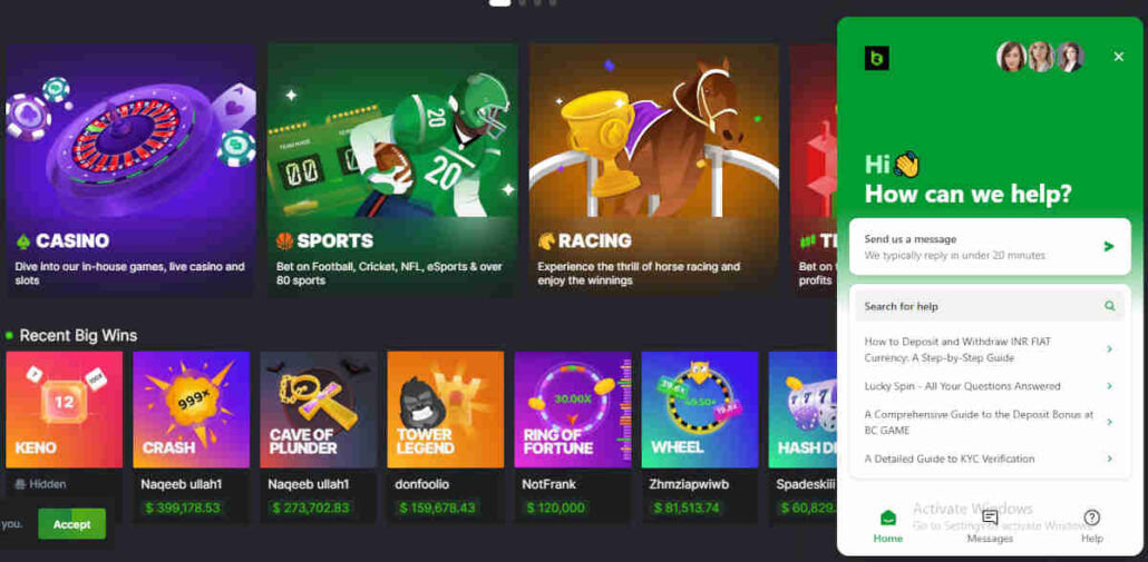 The customer support interface at BC.Game.