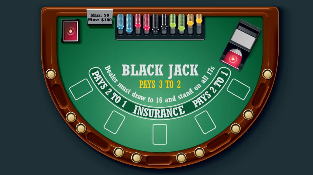 A hand of blackjack with cards and casino chips on the table.