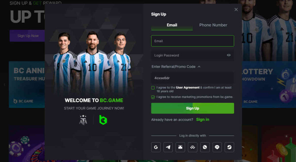 The simple sign-up form for BC.Game casino.