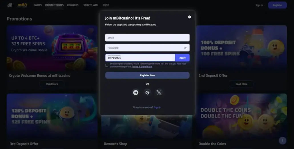 Sign up at mBit Casino with the promo code SMPBONUS