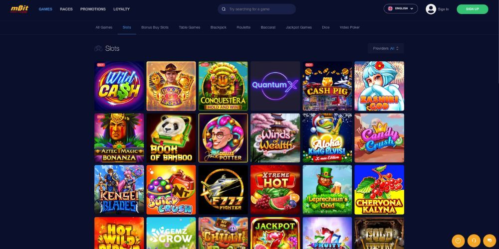 A promotional image for mBitCasino's online slots selection.