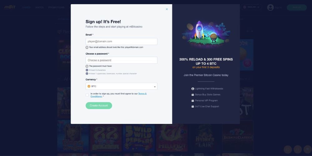 The mBitcasino registration form