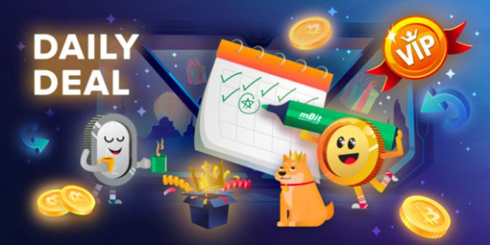 Promotional banner for mBitcasino showing available bonuses.