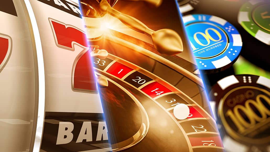 A collage of various online casino games including slots and card games.