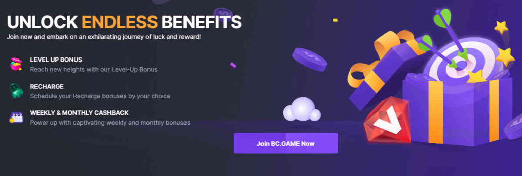 A promotional banner for BC.Game casino showcasing its features.