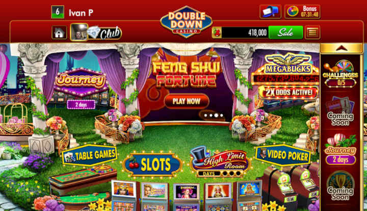 The DoubleDown Casino logo with various game icons.