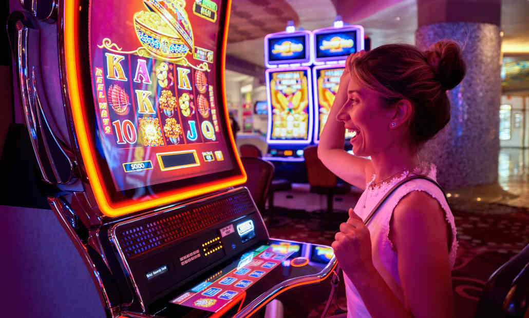 A colorful slot machine screen showing a winning combination.