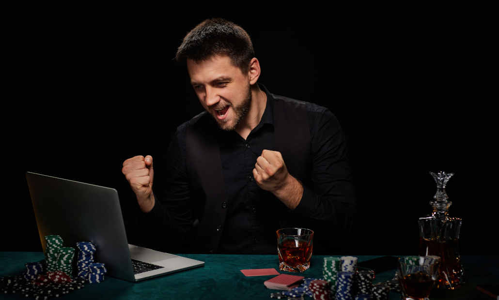 A digital illustration of casino chips, cards, and dice.