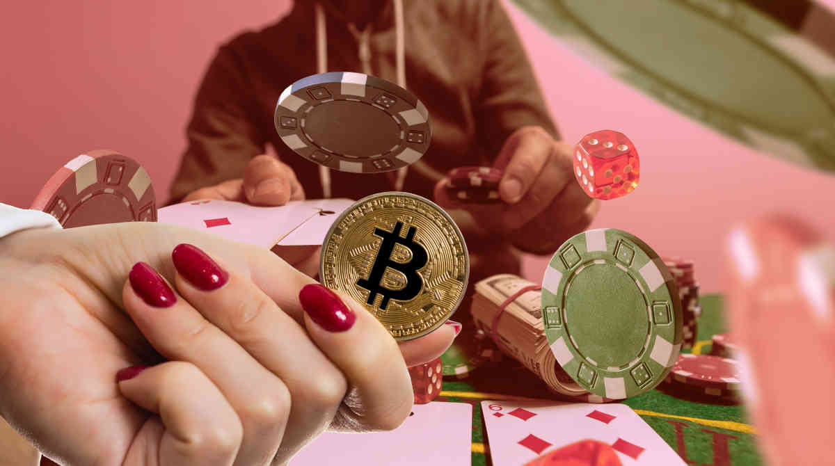 A digital representation of crypto casinos and online gambling components.