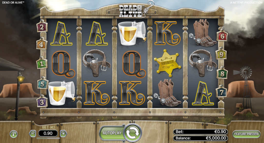 The Dead or Alive 2 slot game showcasing its wild west theme and characters.