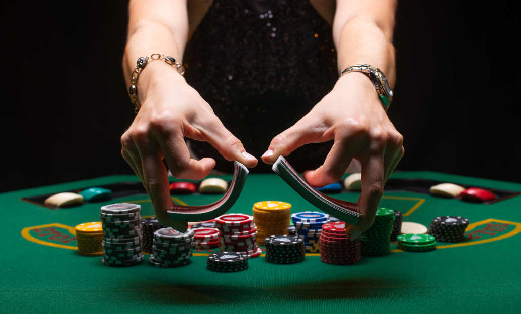 A game of Open-Face Chinese Poker showing the three rows of hands.