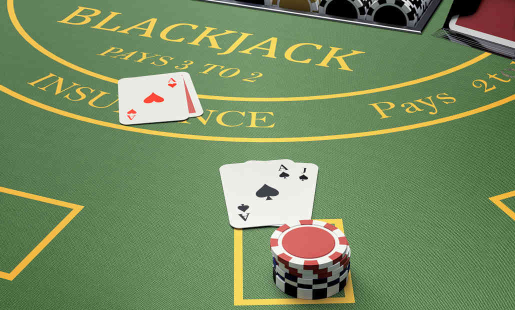 An electronic blackjack game screen showing cards and betting options.