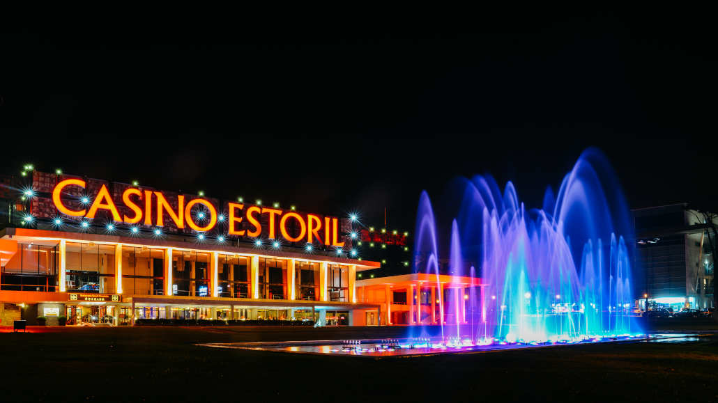 Night view of the illuminated Casino Estoril in Portugal