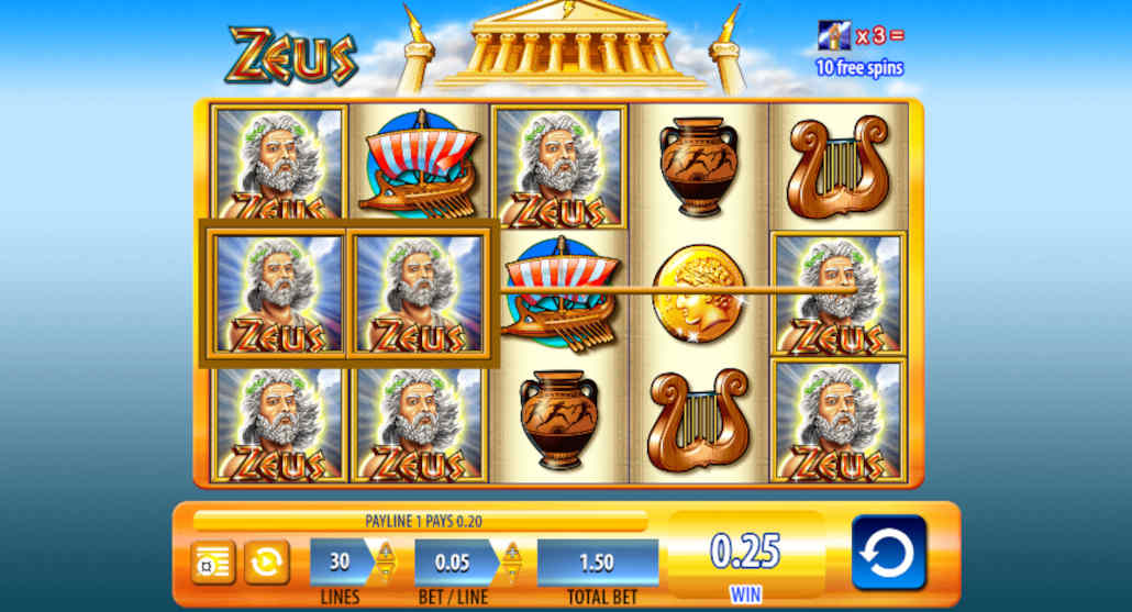 The Greek mythology theme of the Zeus slot game.
