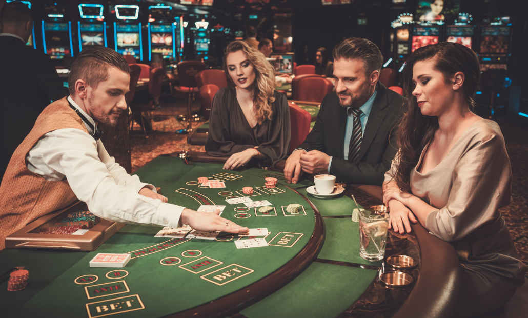 A blackjack hand being played on a casino table.