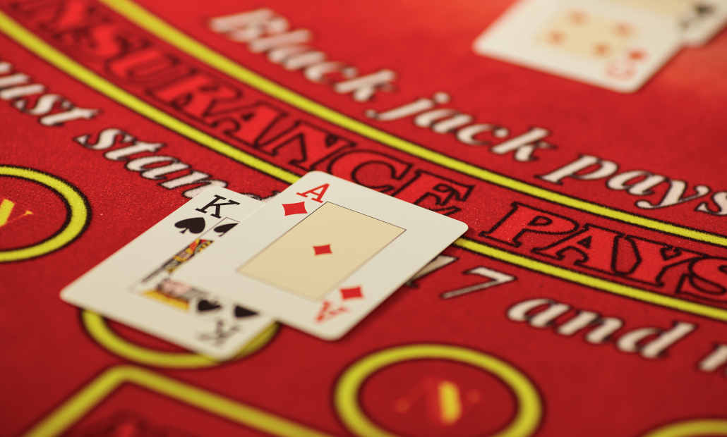 Close-up of a blackjack game in progress.