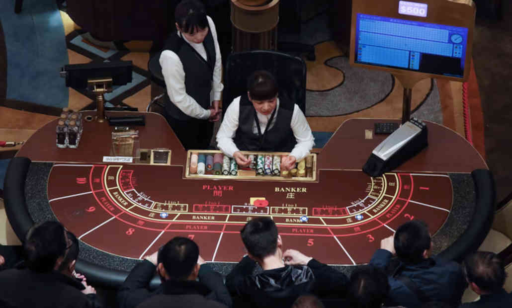 A split image showing a casino in Macau and a live dealer online game.
