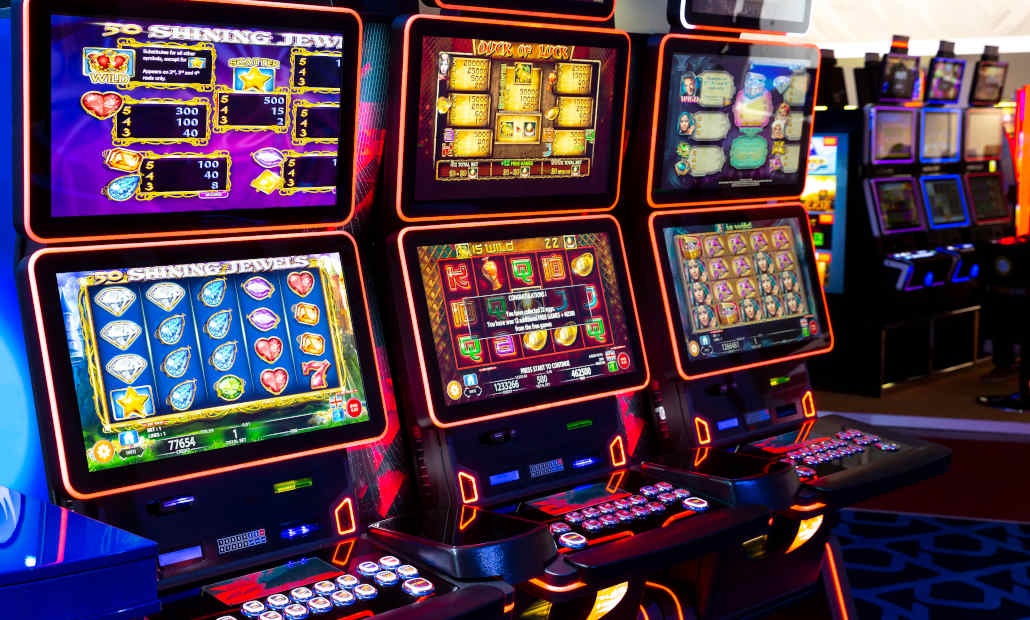 A colorful slot machine screen showing a winning combination.