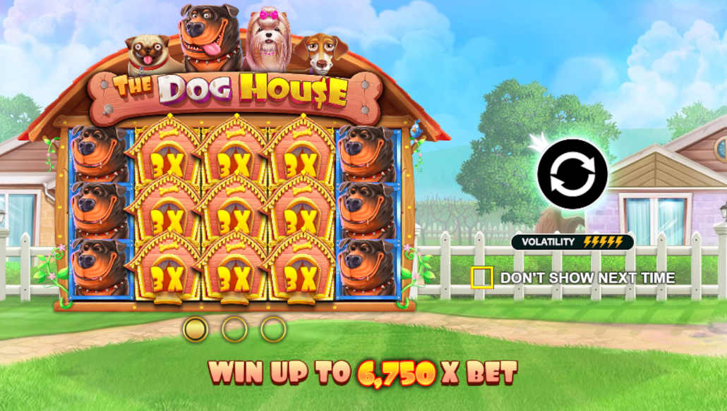 Four cartoon dogs in front of a large dog house in The Dog House slot.