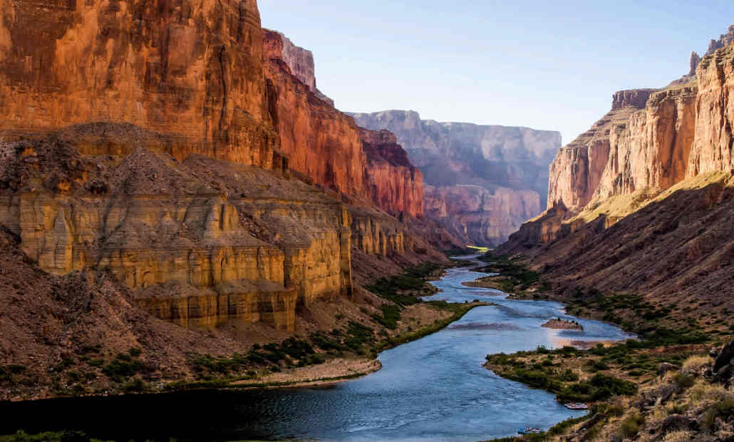 A view of Lake Mead with significantly low water levels.