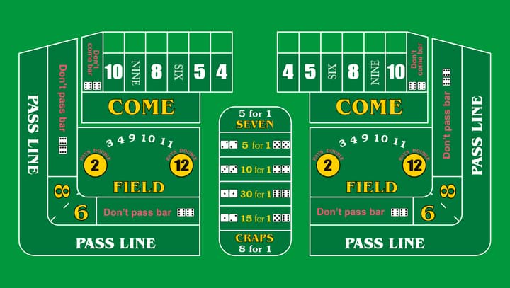 Players placing different types of bets on a craps table.