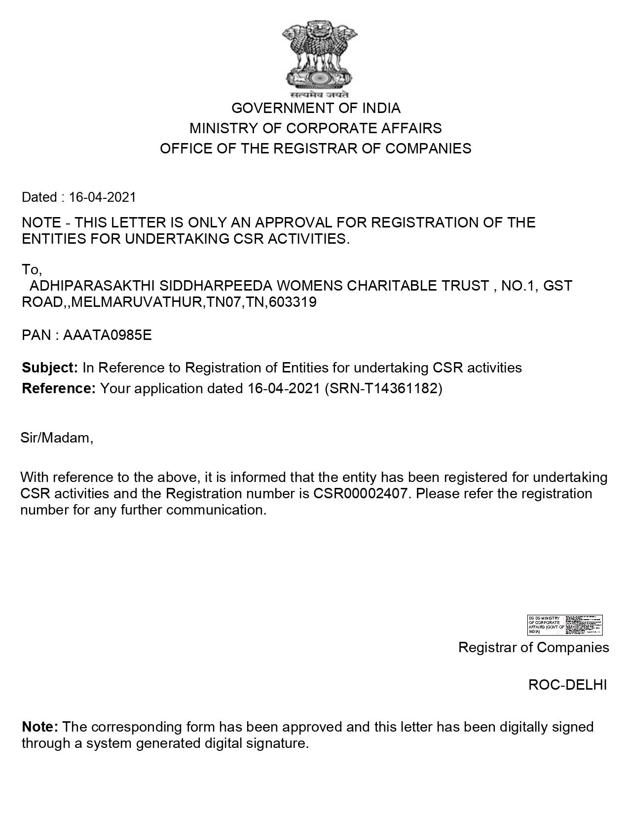 Official CSR Approval Letter