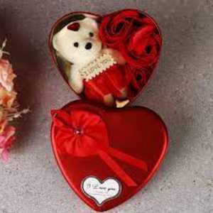 Artificial Rose and Teddy with Heart Shape Metallic Gift Box