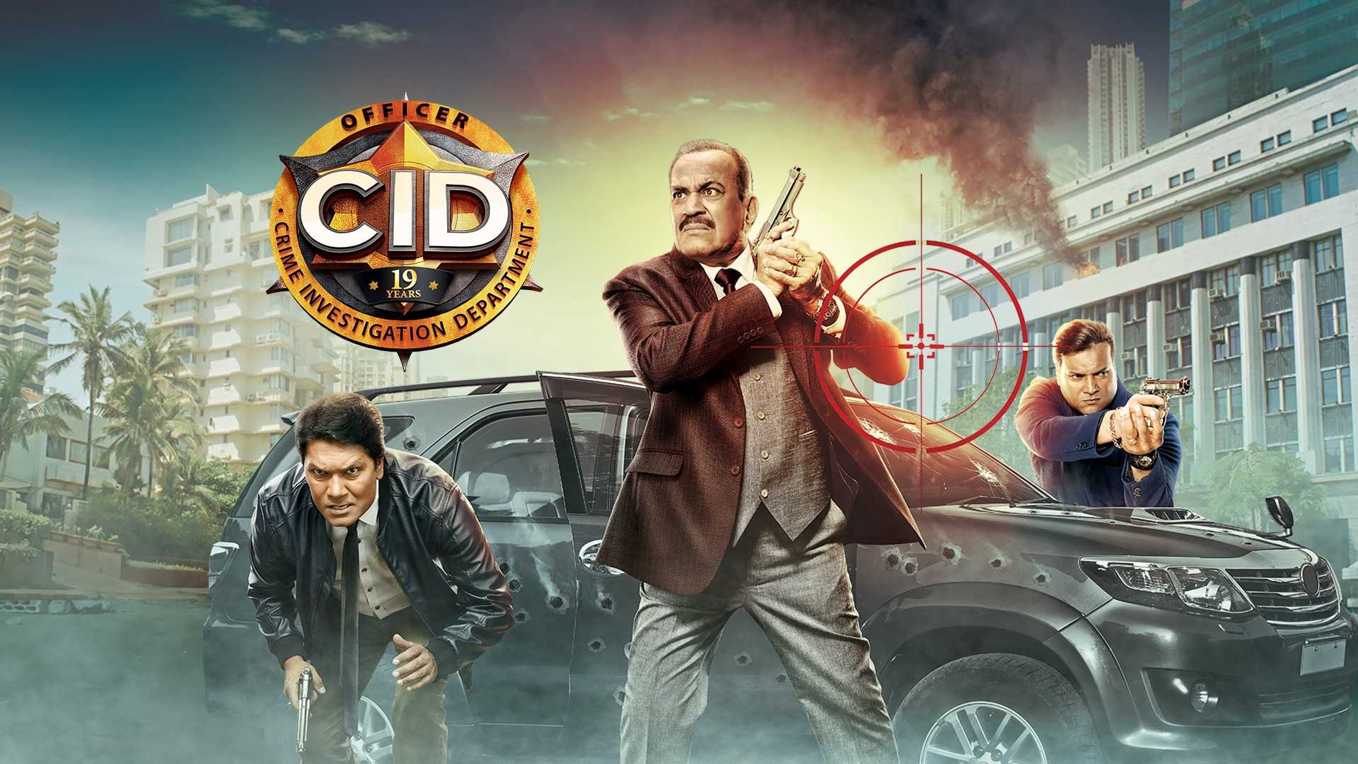 Hindi Crime Serial CID poster featuring Shivaji Satam as ACP Praduman, Aditya Srivastava as Senior Inspector Abhijeet, and Dayanand Shetty as Senior Inspector Daya.