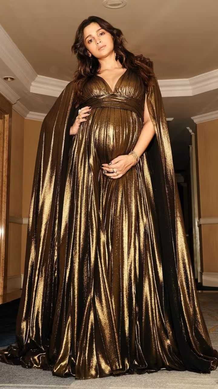 Alia Bhatt Pregnant in Golden Cape Gown