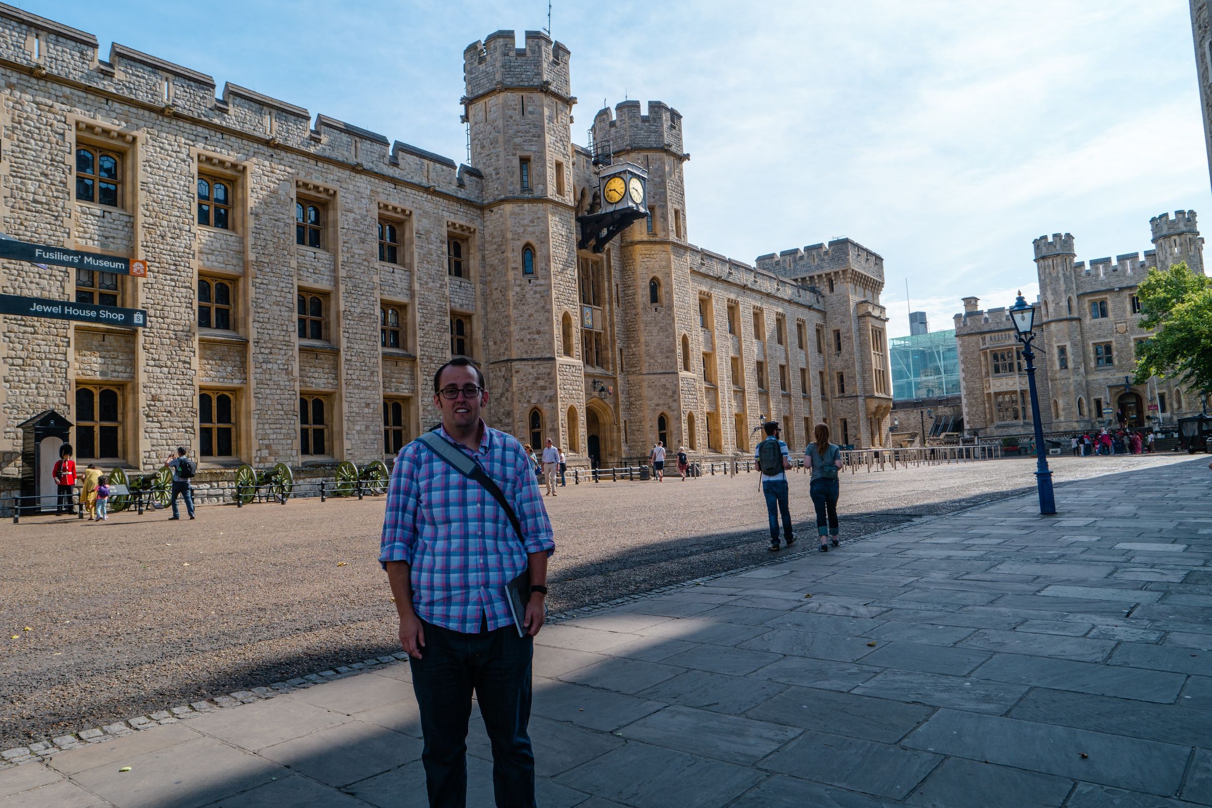 Yours truly before Waterloo Block at the Tower of London, wherein lie the Crown Jewels (the monarchy's bling!)