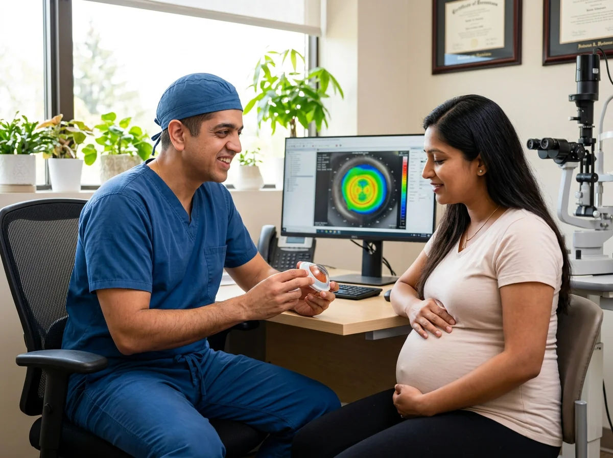 No. LASIK is postponed during pregnancy and usually until after breastfeeding, because hormones change corneal shape and refraction. Learn when it is safe to book.