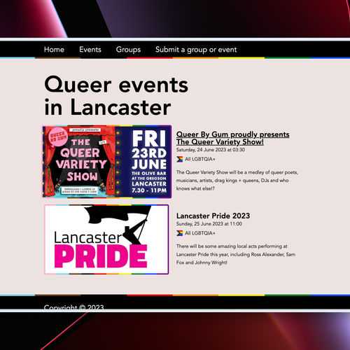 A screenshot of the events page of lancaster.gay. There are two events, with the images bordered in the pride flag colours.
