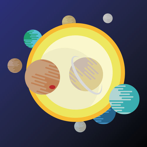 Flat vector planets spiralling around the Sun.