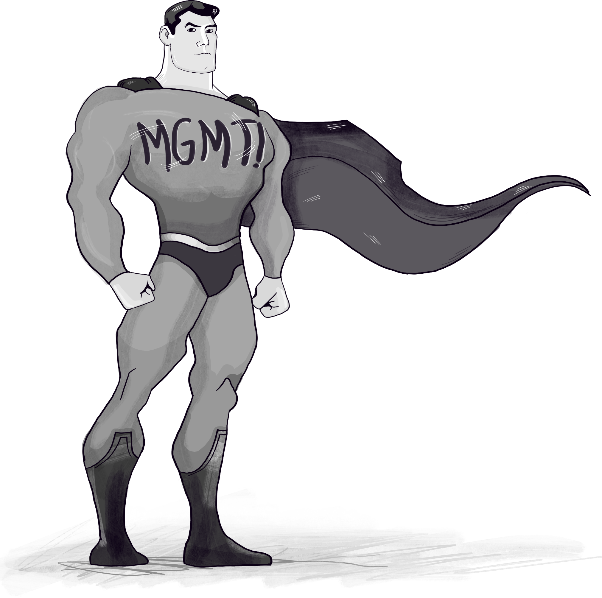 A superhero posing with a big cape and MGMT written across the hero’s chest.