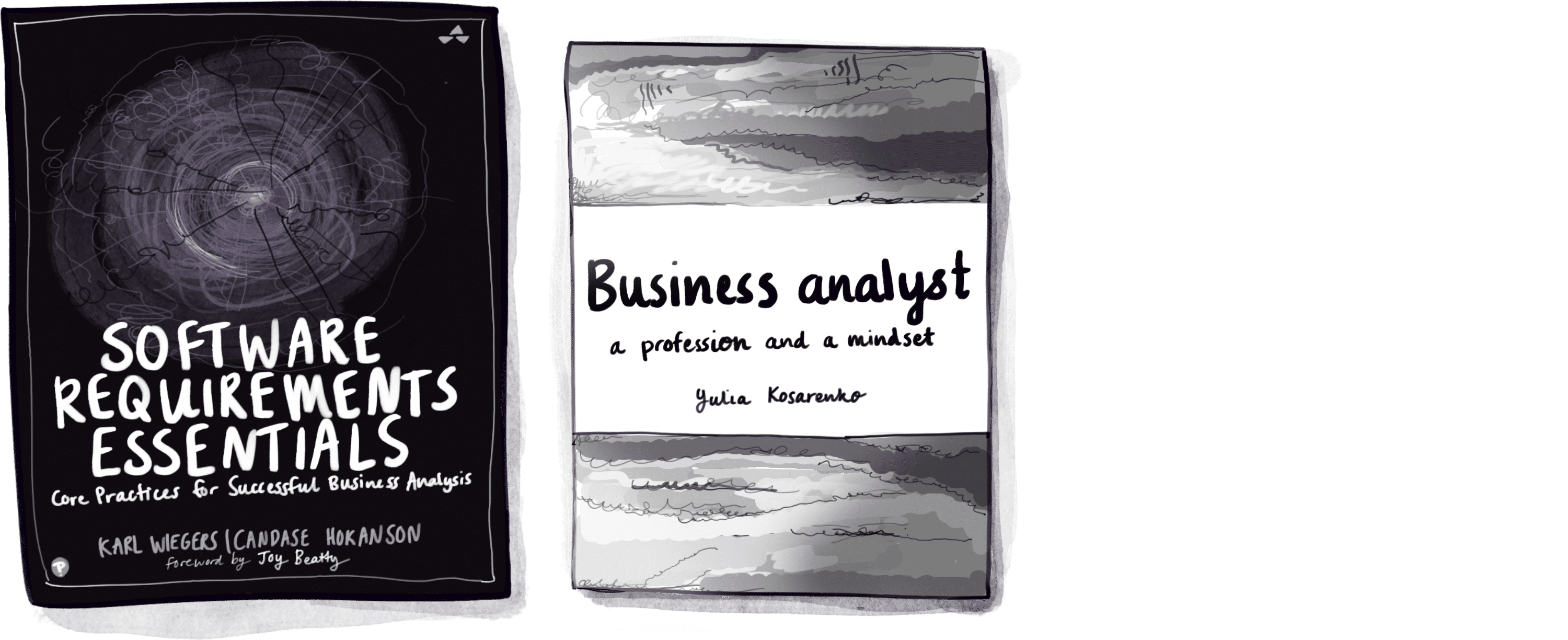 Business analysis books for the Jimmy book club list including “Software Requirements Essentials” by Karl Wiegers and Candase Hokanson, and “Business Analyst: A Profession and a Mindset” by Julia Kosarenko.