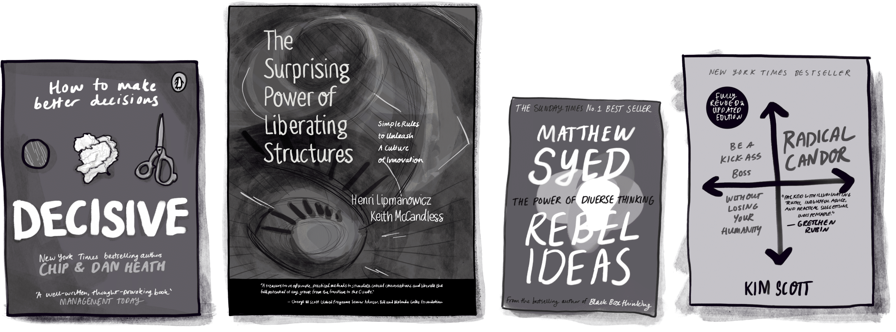 Books about people for the Jimmy book list include “Decisive” by Dan and Chip Heath, “Liberating Structures” by Henri Lipmanowicz and Keith McCandless, “Rebel Ideas” by Matthew Syed, and Radical Candor by Kim Scott.