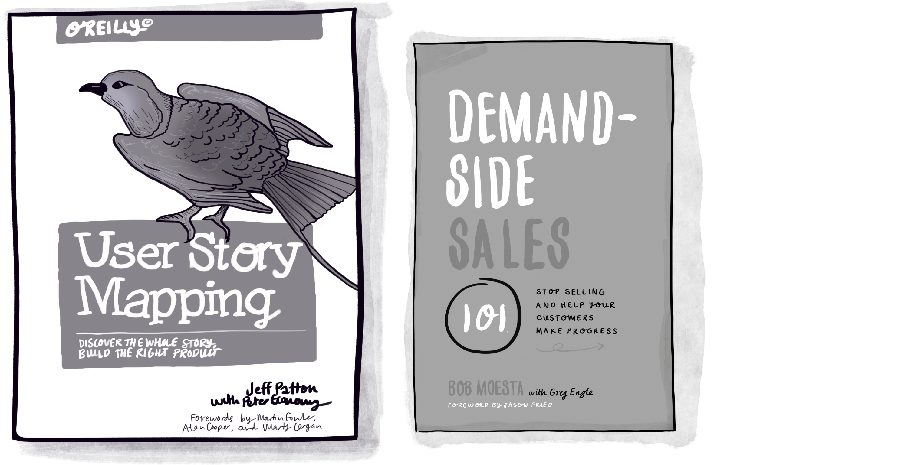 Product books for the Jimmy book list including “User Story Mapping” by Jeff Patton, and “Demand-Side Sales” by Bob Moesta.