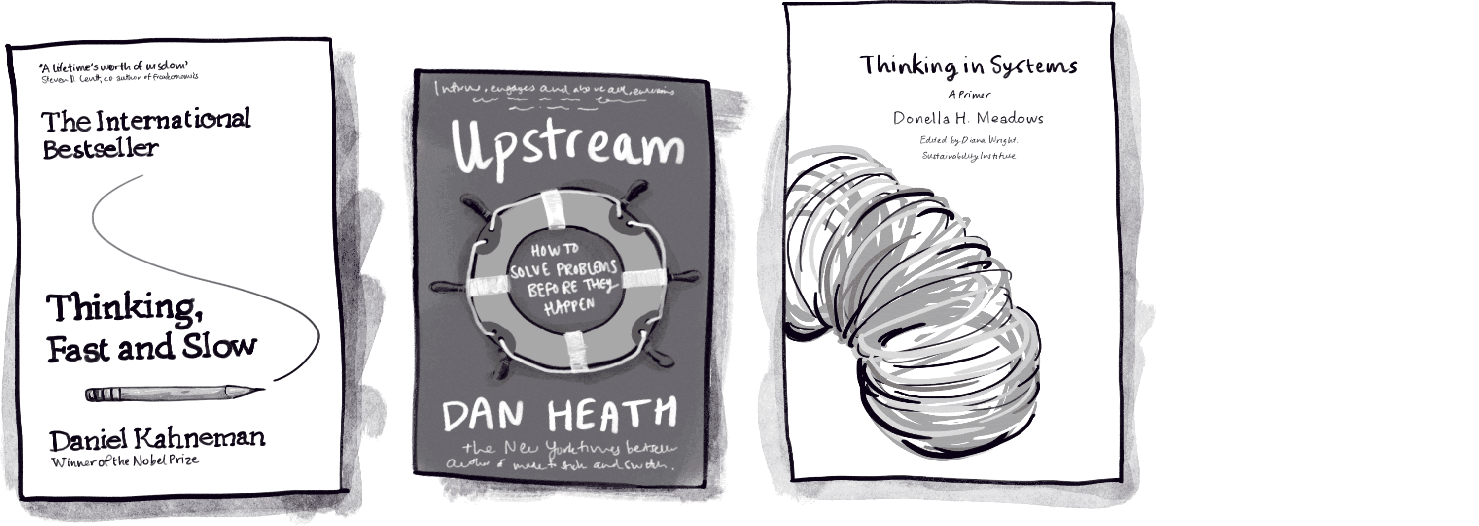 Thinking books for the Jimmy book list including “Upstream” by Dan Heath, “Thinking in Systems: a Primer” by Donella Meadows, and “Thinking Fast and Slow” by Daniel Kahneman.