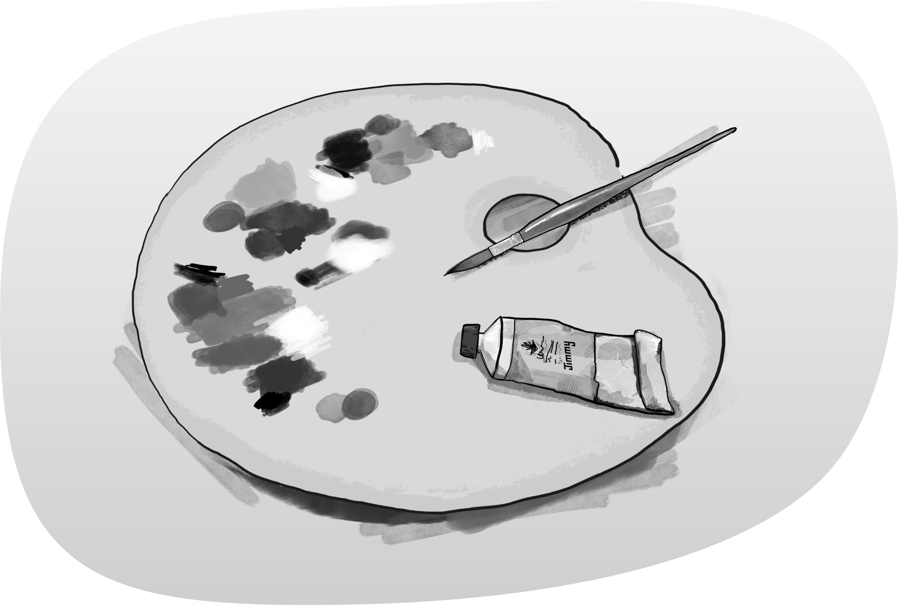 Illustration of a painting palette with a paintbrush and a tube of paint.