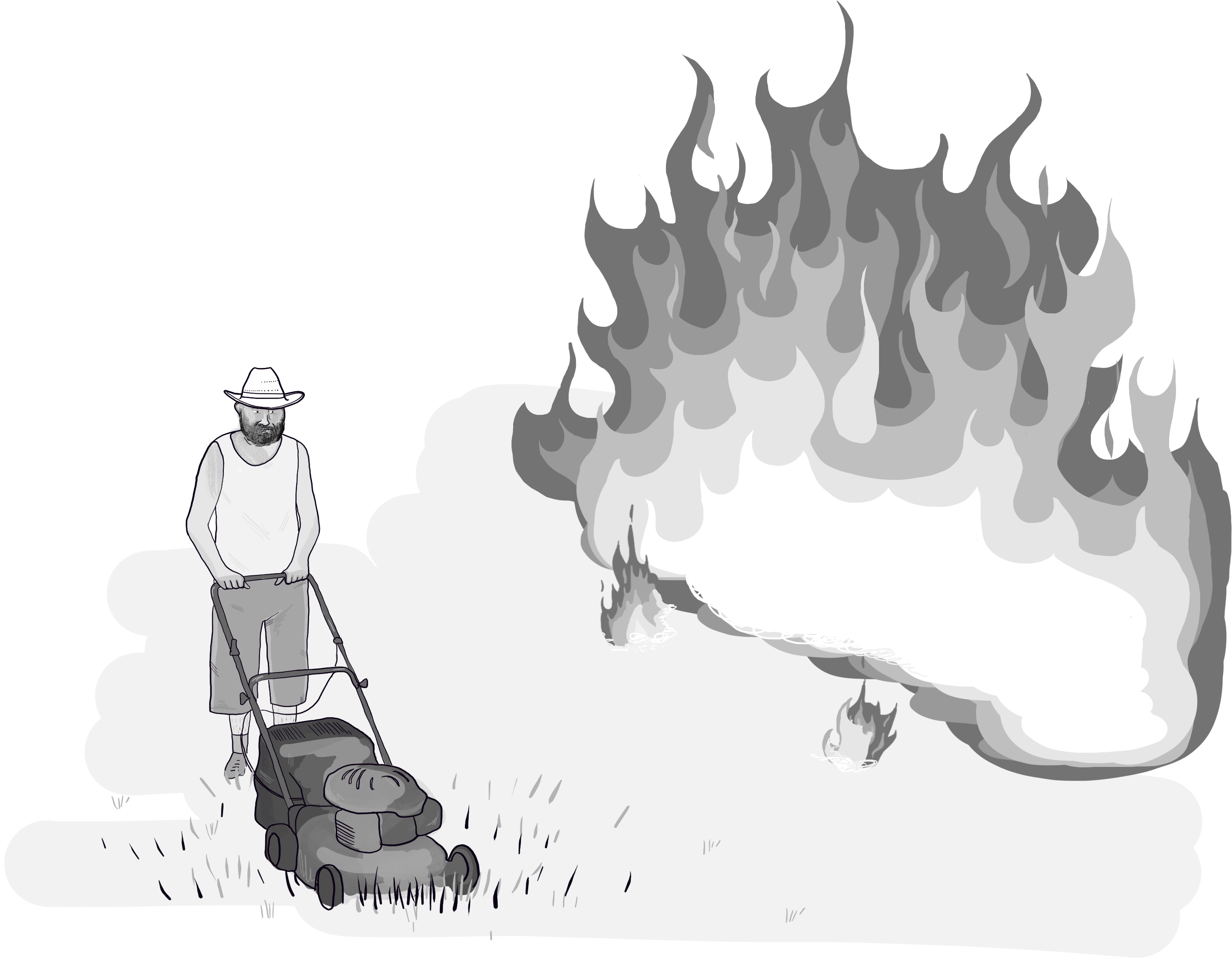 An illustration of a man moving the lawn with a massive fire beside him that he’s ignoring.