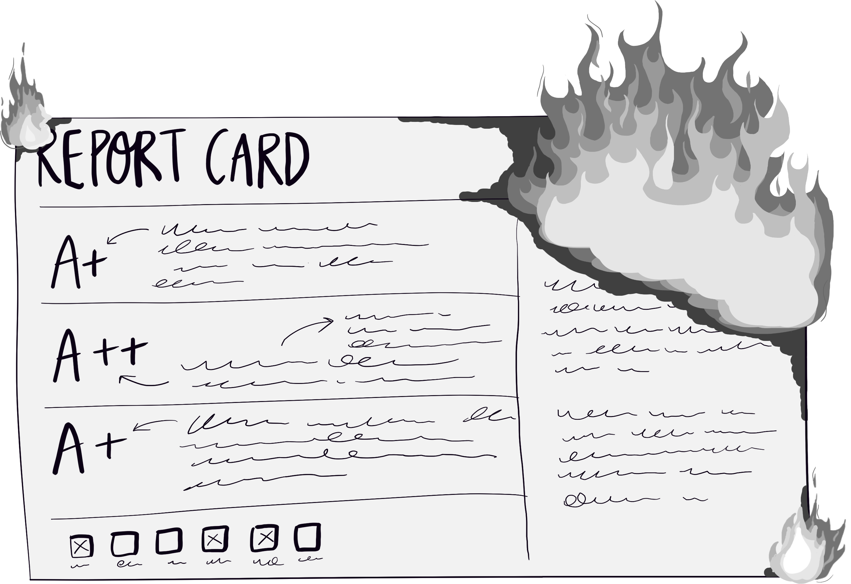 A report card with all “A” results, but is also on fire.