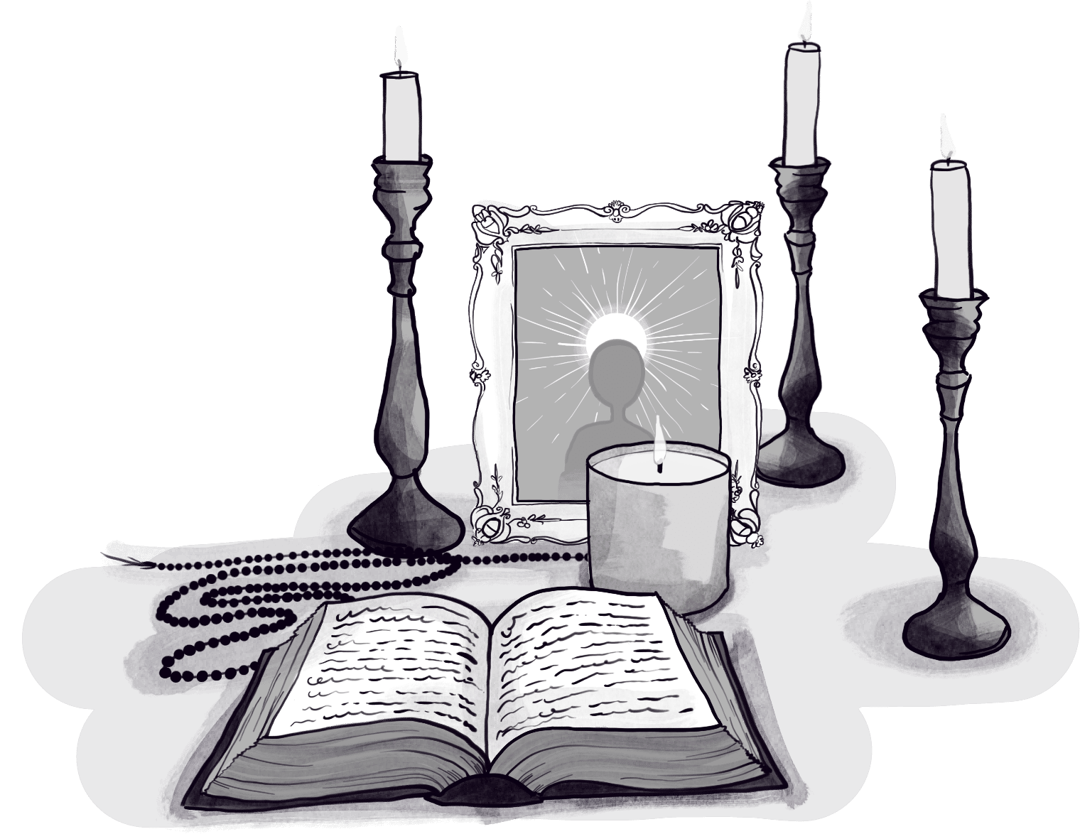An altar with a book, candles, beads, and a picture of a god.