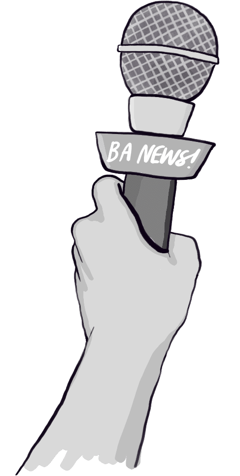 A hand holding a news microphone with the label BA NEWS”.