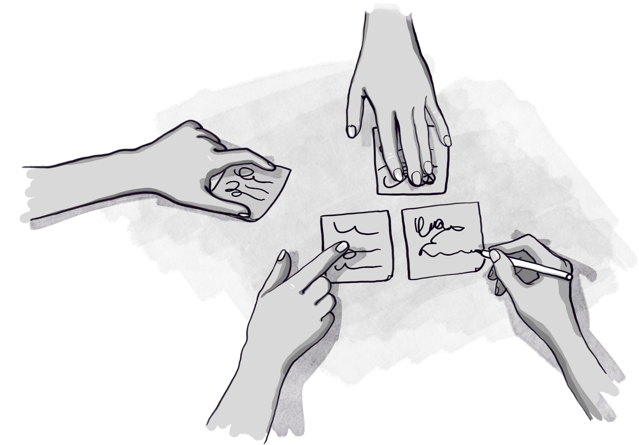 Four hands all working together with post-it notes.