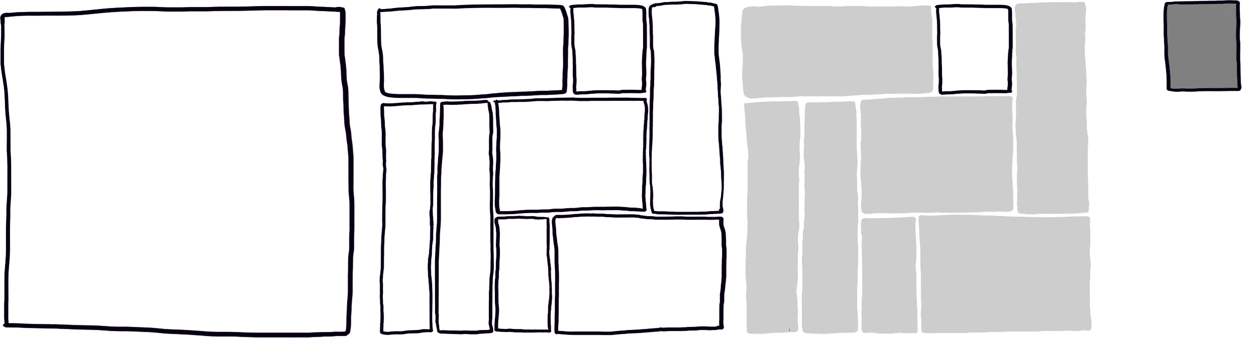 Four squares in a row. The first just has an outline (boundaries have been identified), the second is decomposed into smaller chunks (decomposition), the third has one chunk highlighted (prioritised) and the last has only the one chunk visible.